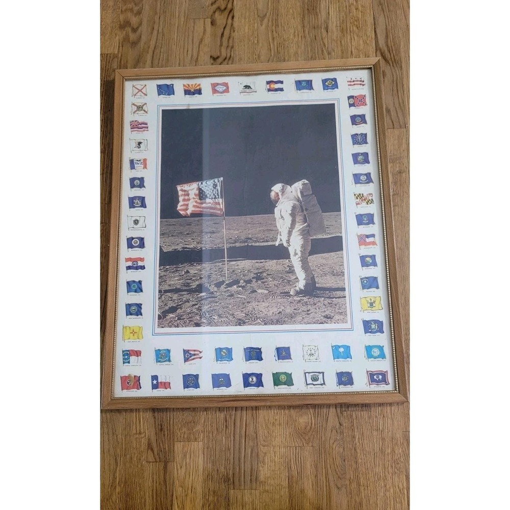 Vintage Apollo 11 Man On The Moon Landing With Wooden frame US States 17x21‎